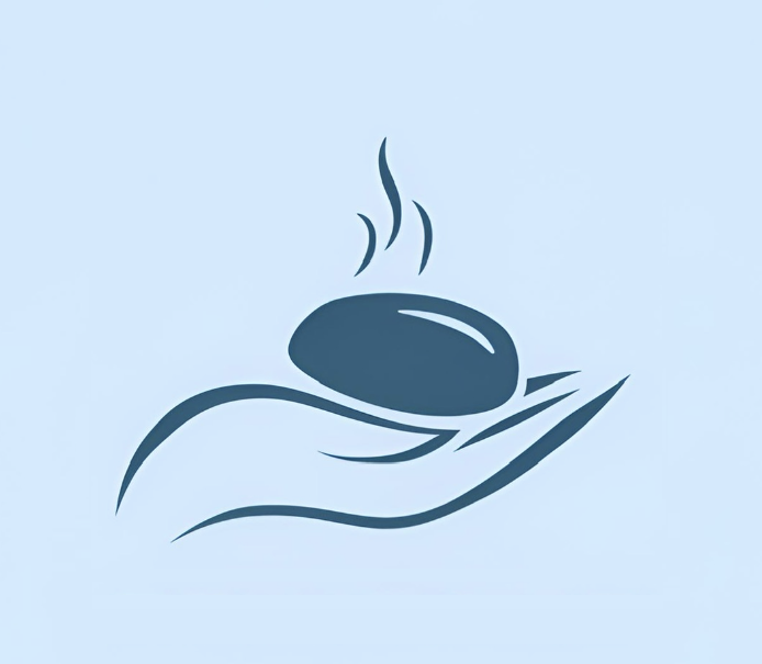 ZenStone logo – Hånd med varm sten og damp, repræsenterer luksuriøs hotstone-massage leveret direkte til døren. Perfekt til velvære og afslapning.